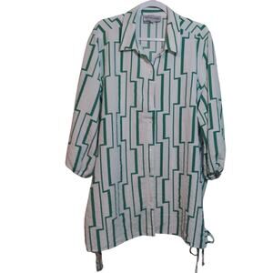 Alex & Parker Green and White Geometric Button Front Crinkle Tunic Top Size 3X